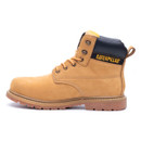 Inner side view of honey Caterpillar CAT Silva lace-up occupational boot with waterproof leather upper and sturdy sole.