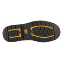 Bottom view of Caterpillar Ager Dealer boot showing black rubber outsole with yellow CAT branding and traction tread pattern.