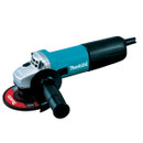 Electric angle grinder with a blue and black handle, featuring a red disc and side grip. Tool has a robust, industrial look.
