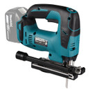A blue and black cordless jigsaw with a visible blade, angled handle, and battery slot. It conveys a rugged, efficient tool for precision cutting.