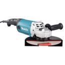 A teal and silver Makita angle grinder with a black handle and a red grinding disc is placed at a slight angle on a white background.