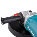 Close-up of a Makita power angle grinder with a black handle and a red cutting disc against a white background.
