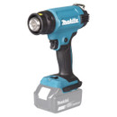 Makita cordless heat gun with LED light and 18V battery, handheld hot air tool on white background.