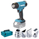 Makita cordless heat gun kit with nozzles and storage case, professional hot air tool set.