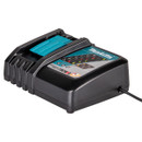 A black battery charger with a blue slot, LED indicators, and a branded logo on top. It has a power cord extending from the right side.