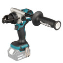 Makita cordless hammer drill with side handle and depth stop rod on white background.