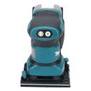 Front view of Makita cordless finishing sander showing speed control dial and rectangular sanding pad.
