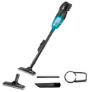Person using Makita cordless stick vacuum cleaner to clean stairs, demonstrating lightweight handheld vacuum use on steps.