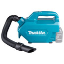 Makita cordless portable vacuum cleaner rear angle showing flexible hose connection and compact handheld body.