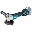 Makita brushless cordless angle grinder with side handle and cutting disc, 18V LXT power tool on white background.