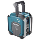Makita jobsite radio in teal and black with large front speaker grille and rugged protective frame.