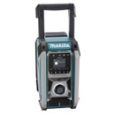 Makita jobsite radio in teal and black with front digital display, control dial, and carry handle.