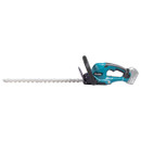 Cordless Makita hedge trimmer in teal and black with long dual-action blade and front loop handle.