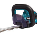 Cordless Makita hedge trimmer in teal and black with front loop handle and blade guard.