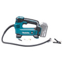 Cordless Makita 18V air compressor with hose and multiple nozzle attachments on a white background.