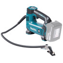 Cordless Makita 18V battery-powered tire inflator with digital gauge and flexible hose on white background.
