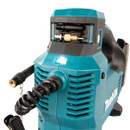 Close-up of a blue and black portable air compressor showing its coiled hose, connectors, and a small LED light, conveying a robust and functional design.