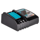 Makita DC18RC battery charger in black with teal slide dock and front indicator display.