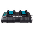 Makita DC18RD dual battery charger in black with two teal slide docks and front Makita logo.
