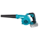 Cordless Makita leaf blower in teal and black with long blower nozzle and compact handheld design.