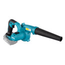 Cordless Makita leaf blower in teal and black with long blower nozzle and rear motor housing.