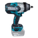 Cordless Makita brushless impact wrench in blue and black with 18V battery attached at the base and metal drive anvil.