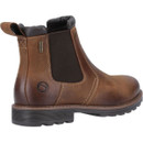 Side view of brown leather Chelsea boots featuring elastic gusset, pull tab and stitched detailing.