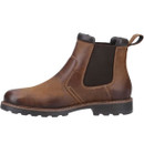 Opposite side view of brown leather Chelsea boots with pull tab, elastic panel and durable tread sole.