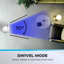 Top-down view illustrating 70-degree oscillation airflow coverage across a room with furniture.