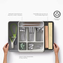 Top-down view of an expanded cutlery organiser with labelled sections for utensils and larger items.
