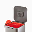 Bin shown open to reveal inner compartments and deodorising filter inside the lid.