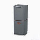 Closed graphite-coloured dual waste and recycling bin with a compact, stacked rectangular design and front handle.