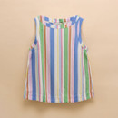 Sleeveless women’s top with multicolour vertical stripes laid flat, featuring a round neckline and lightweight fabric.