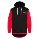 Black hooded sweatshirt with red sleeves, white drawstrings, and a small Longhorn Shearing logo on the chest, featuring side pockets and a curved hem.