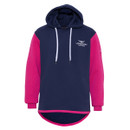 Navy hoodie with pink sleeves, white drawstrings, and a small Longhorn Shearing logo on the chest, with side pockets and a curved hem.