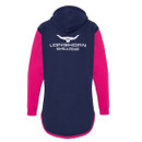 Navy hooded sweatshirt with bright pink sleeves and hem, featuring a large white Longhorn Shearing logo across the upper back.