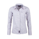 Women’s white check shirt with navy and pink grid pattern, long sleeves and button front, shown on a plain background.