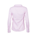 Back view of the women’s pink striped shirt with fitted shape and long sleeves.