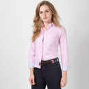 Model wearing the pink striped shirt with dark trousers and a belt, shown from the front.