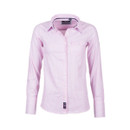 Women’s pink and white striped shirt with long sleeves, button front and chest pocket, shown on a plain background.