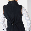 Back view of the navy fleece gilet showing adjustable waist drawcord detail.