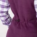 Close-up of the back waist drawcord on the berry fleece gilet.