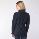 Back view of the ink blue overhead fleece showing adjustable waist drawcord detail.
