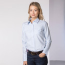 Front view of the light blue and white striped shirt showing button fastening and chest pocket.