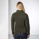 Back view of the fleece worn with jeans, showing the fitted silhouette and waist adjuster.