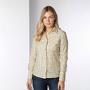 Front view of a woman wearing a khaki check long-sleeve shirt with button fastening and chest pocket.