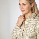 Close-up of the shirt collar and upper body, showing the check pattern and button front detail.