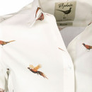 Close-up of the shirt collar and branding label, highlighting the pheasant print and fabric detail.