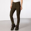 Front view of olive green walking trousers worn with outdoor boots, highlighting the slim fit and button fastening.