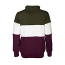Back product image of the sweatshirt highlighting the olive, cream and berry colour block panels and ribbed hem.
